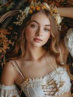 Serene girl with floral crown in white dress against dark background photo