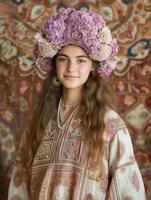 joven mujer con lila floral corona en tradicional bordado prenda foto