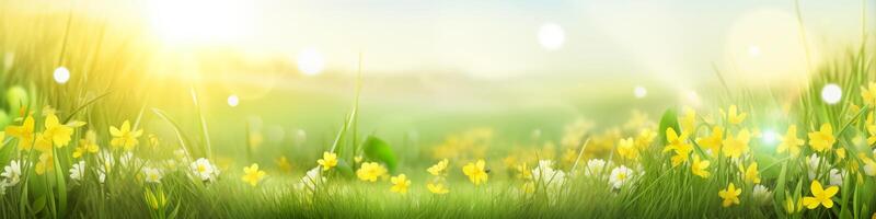 Luminous sunrise over green meadow banner with delicate wildflowers photo