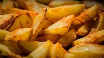 Extreme close-up of fried potatoes. Food photography photo