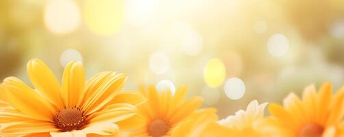 Softly lit golden daisy banner with a bokeh nature background photo