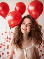A joyful woman with a beaming smile holds red heart-shaped balloons in Valentines Day, with a backdrop of floating hearts photo