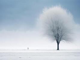 A tree in a snowy field. Serene winter landscape photo