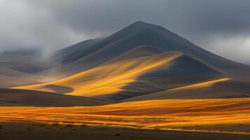 Ethereal landscape of desert dunes with golden light and shadow play photo