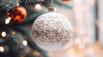 Navidad decoraciones de cerca en contra el antecedentes de un Navidad árbol foto