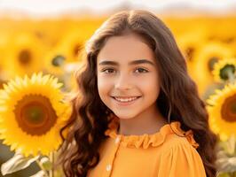 radiante niña con un brillante sonrisa en pie en un campo de girasoles foto