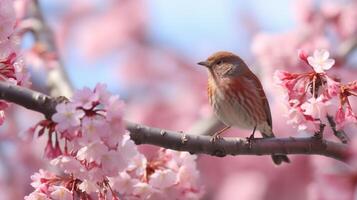 pinzón encaramado esmeradamente entre Cereza flores en un soñador primavera escena foto