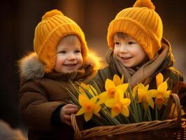 pequeño hermano y hermana sonriente y participación un cesta de prímulas de cerca. primavera concepto foto