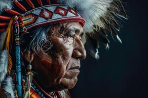 retrato de americano indio jefe en nacional vestir foto