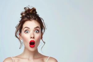 Special offer for skincare cosmetology with surprised woman. photo