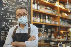 Cafe owner in mask advertises Corona specials on board. photo