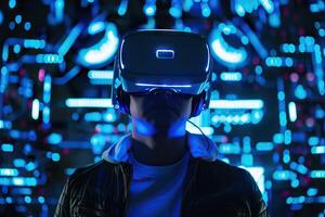 Man in VR helmet on futuristic dark background. photo