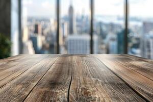 Wood table top on glass window background for product display. photo