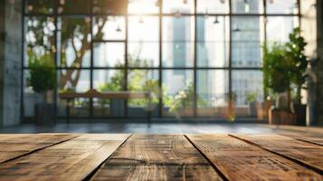 Wood table top on glass window building background for product display. photo