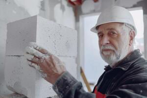 Skilled workers build energy efficient house with white gas silicate blocks. photo
