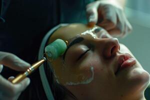 Woman receiving jade roller beauty treatment in spa. photo