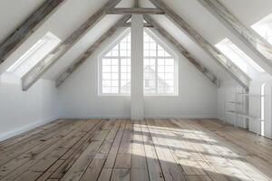 moderno soleado vacío desván habitación con blanco pared y de madera piso 3d hacer foto
