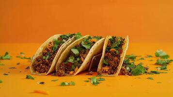 Frontal view of three delicious tacos with vegan meat and coriander in orange background. photo