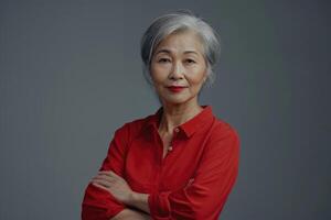 Confident 50 year old Asian psychologist in stylish portrait. photo