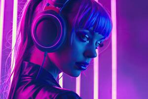 Futuristic woman in purple hair and modern headphones. photo