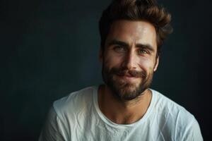 Portrait of handsome smiling man against dark background. photo