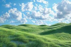 verde césped campo en pequeño colinas y azul cielo con nubes foto