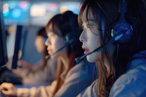 Asian call center operators providing customer support. photo