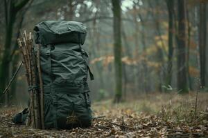 Durable green sports backpack filled with picnic supplies in forest. photo