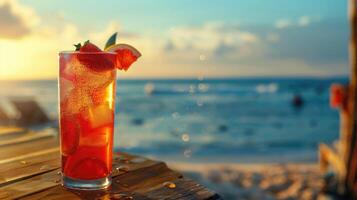 Refreshing summer drink with beach backdrop. photo