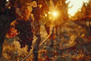 Vineyards at sunset in autumn harvest. Ripe grapes in fall. photo