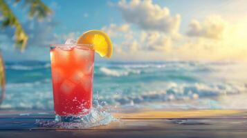 Refreshing summer drink with beach backdrop. photo