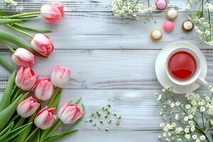 primavera decoraciones para especial ocasiones con flores y té. foto
