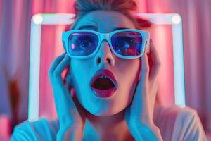 Picture of surprised young pretty lady in 3d glasses looking amazed photo
