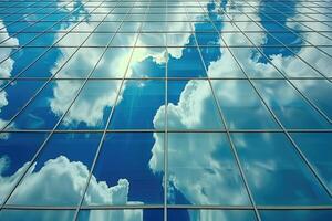 nubes reflejado en ventanas de moderno oficina edificio. oficina foto