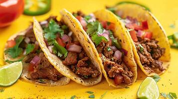 Traditional Mexican tacos with meat and vegetables on yellow background photo