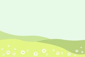 Banner with sunlit meadow with daisy flowers, cartoon landscape. Illustration of summer or spring background for text. Template for design, backdrop, print, paper, card, flyer vector