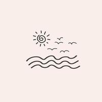Sea water, waves, seagulls, sun, card boho design. Linear sketch in minimal style marine landscape. Template for logo, card, sign, print, label, paper. Traveling, recreation, activities vector