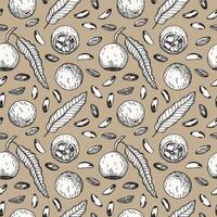 Brazilian Nut seamless background. Hand drawn sketch repeating pattern with engraved nuts, leaf, flower, fruit, branch. Organic product, food, oil. Design for card, print, paper, textile, packaging vector