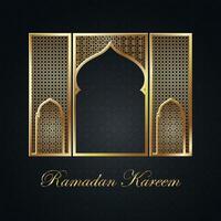 Ramadan Kareem concept banner with gold 3d frame, arab window on dark background with beautiful arabesque pattern. Hanging golden Arabian traditional lanterns, crescent,s and stars vector