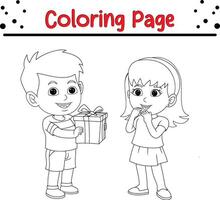 little boy giving gift cute girl coloring book page for kids vector