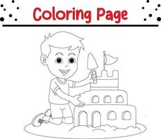 contento pequeño chico haciendo arena castillo colorante libro página para niños vector
