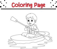 little boy rowing canoe coloring book page for children. vector