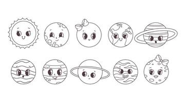 Trendy cartoon groovy planet characters in retro style 60s and 70s. Outline planets. Coloring book vector