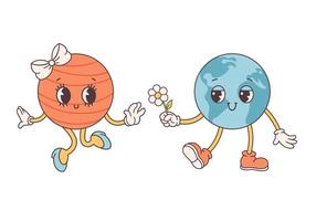 Trendy cartoon groovy planet characters in retro style 60s and 70s. Earth Day, Save planet vector