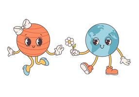 Trendy cartoon groovy planet characters in retro style 60s and 70s. Earth Day, Save planet vector