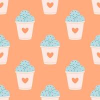 Seamless pattern with cute ice cream in paper cup. Summer dessert, summer time. Seamless pattern for wallpaper, textile, fabric, wrapping paper vector