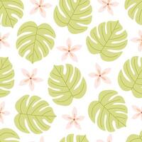 Seamless pattern with tropical leaves and flowers. Summertime, tropical place vector