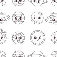 Seamless pattern with outline groovy planet characters in retro style 60s and 70s. Coloring book vector