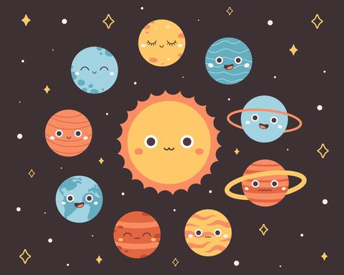 Collection of trendy cartoon planets in space. Solar System. Earth Day, Save planet
