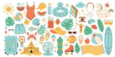 Big set of summer vacation stickers. Summer sport, leisure, food, clothes, objects vector